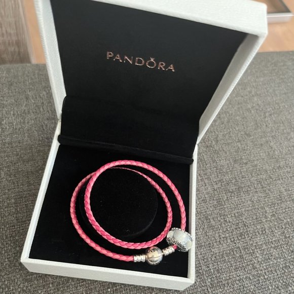 Pandora Pink Leather Double Bracelet And Murano Glass Charm with Gift Box - Picture 1 of 4